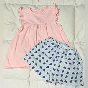 James and Lottie pink flare top with button back & blue shorts with hearts sz 7